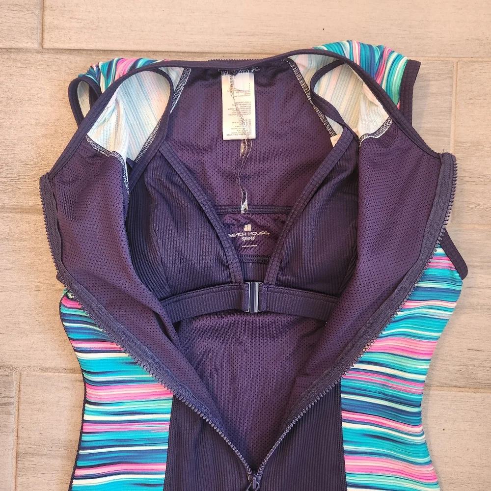 Beach House Swimsuit 4 Blue One Piece Surf Water Sport Beach Athletic New $111